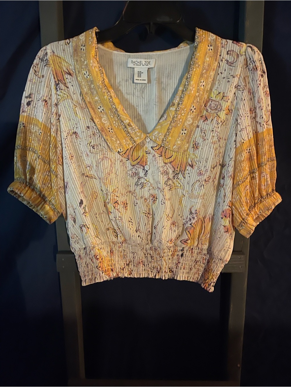 Rachel Zoe Cream and Yellow Floral V-Neck Puff Sleeve Blouse